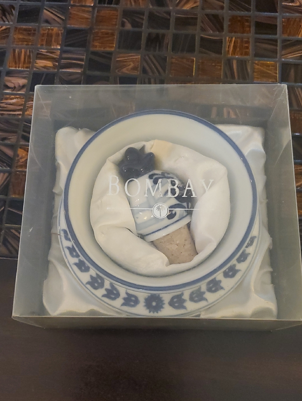 Bombay Blue and White Ceramic Bottle Stopper with Decorative Dish